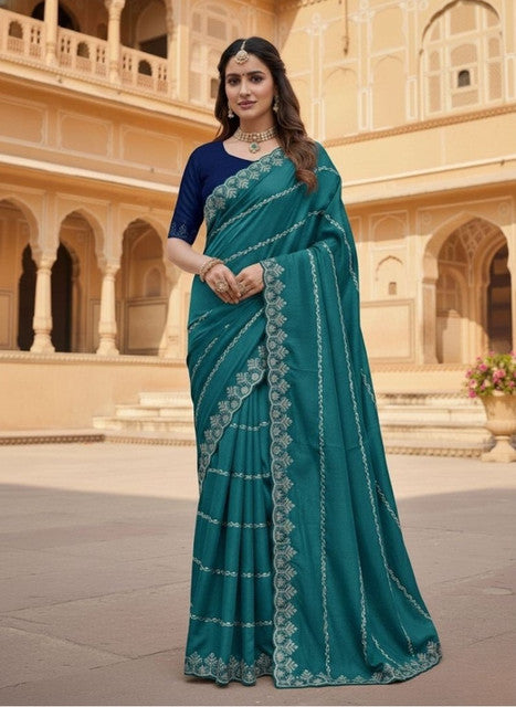 Women's Georgette Embroidered Saree With Unstitched Blouse 5.5Mtr (Teal)