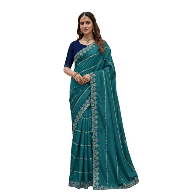 Women's Georgette Embroidered Saree With Unstitched Blouse 5.5Mtr (Teal)