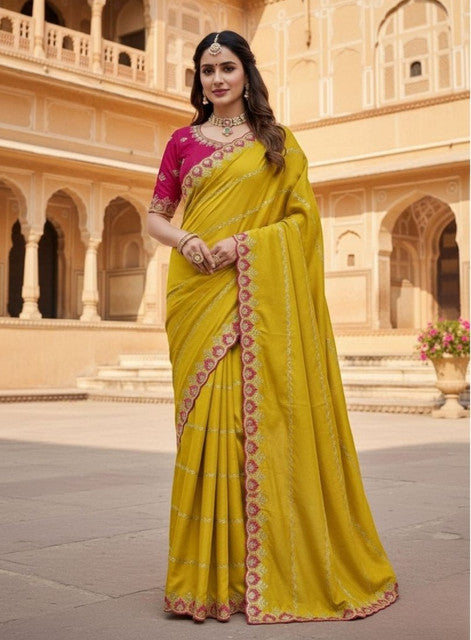 Women's Georgette Embroidered Saree With Unstitched Blouse 5.5Mtr (Yellow)