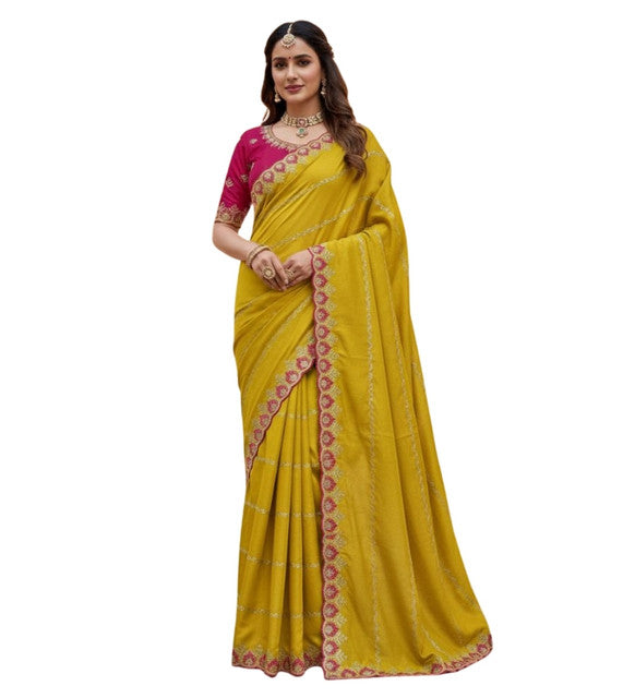 Women's Georgette Embroidered Saree With Unstitched Blouse 5.5Mtr (Yellow)