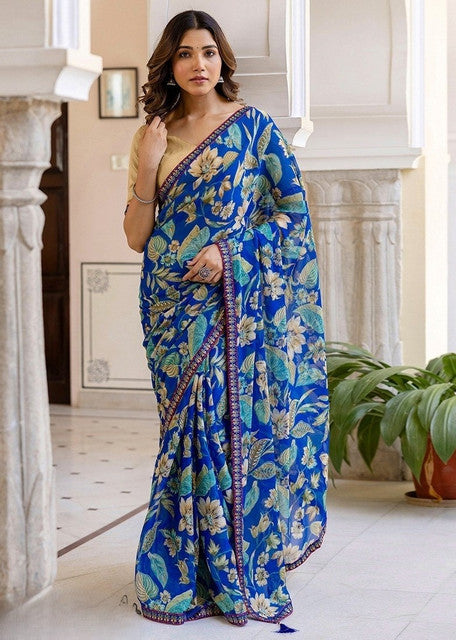 Women's Georgette Floral Printed Saree With Unstitched Blouse 5.5Mtr (Blue)