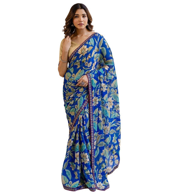 Women's Georgette Floral Printed Saree With Unstitched Blouse 5.5Mtr (Blue)
