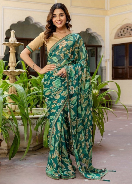 Women's Georgette Floral Printed Saree With Unstitched Blouse 5.5Mtr (Green)