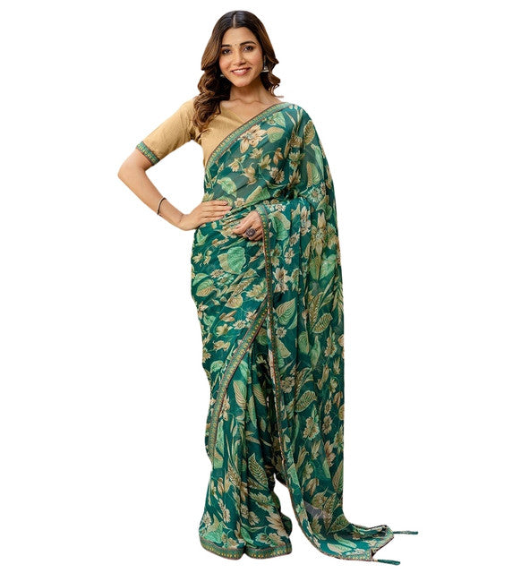 Women's Georgette Floral Printed Saree With Unstitched Blouse 5.5Mtr (Green)