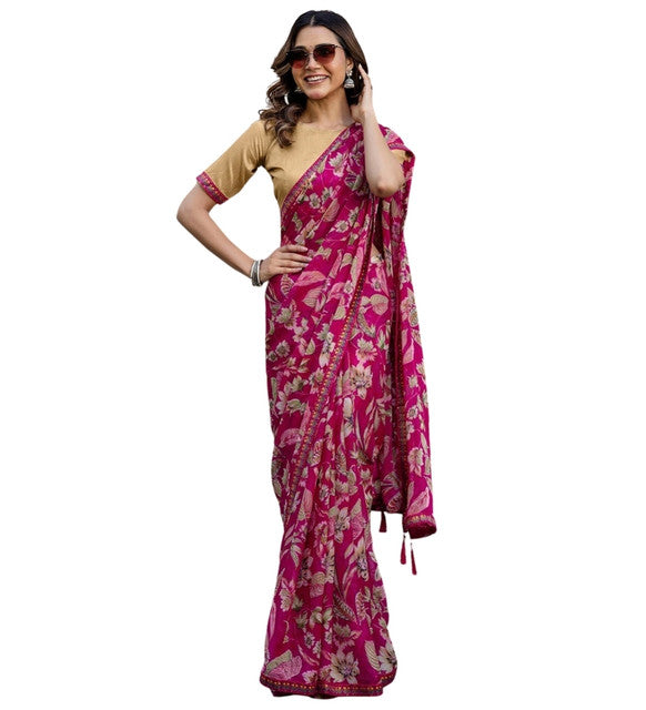 Women's Georgette Floral Printed Saree With Unstitched Blouse 5.5Mtr (Magenta)