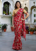 Women's Georgette Floral Printed Saree With Unstitched Blouse 5.5Mtr (Red)