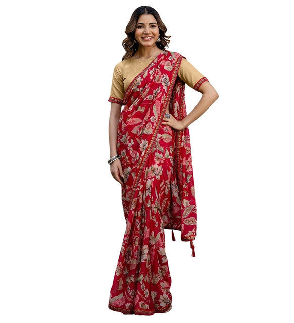 Women's Georgette Floral Printed Saree With Unstitched Blouse 5.5Mtr (Red)