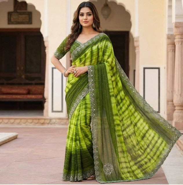 Women's Georgette Striped Saree With Unstitched Blouse 5.5Mtr (Mehendi)