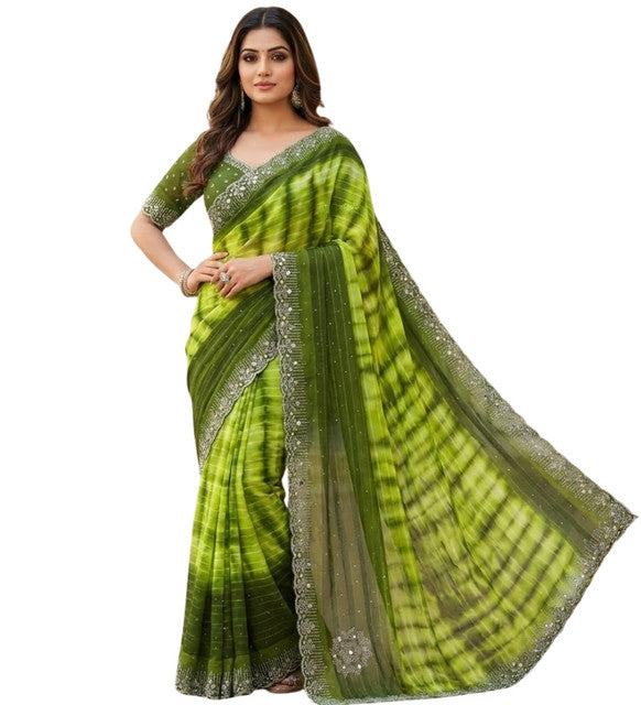 Women's Georgette Striped Saree With Unstitched Blouse 5.5Mtr (Mehendi)