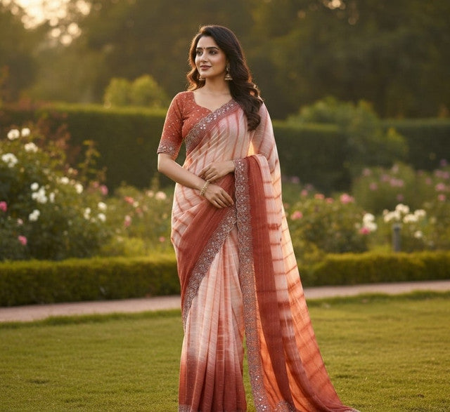 Women's Georgette Striped Saree With Unstitched Blouse 5.5Mtr (Peach)