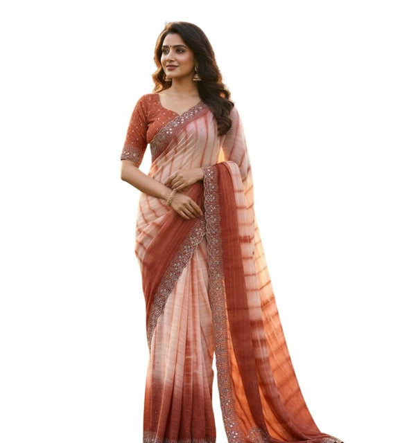 Women's Georgette Striped Saree With Unstitched Blouse 5.5Mtr (Peach)