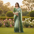 Women's Georgette Striped Saree With Unstitched Blouse 5.5Mtr (Green)