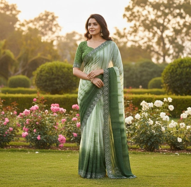 Women's Georgette Striped Saree With Unstitched Blouse 5.5Mtr (Green)