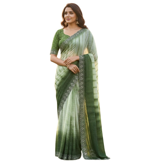 Women's Georgette Striped Saree With Unstitched Blouse 5.5Mtr (Green)
