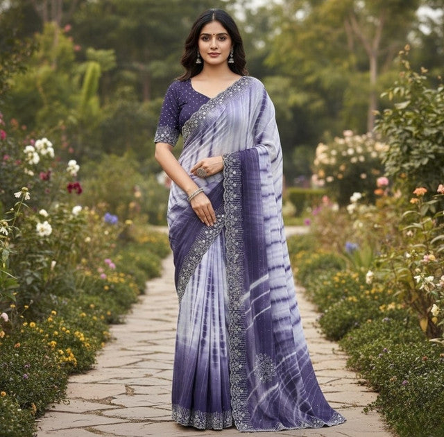Women's Georgette Striped Saree With Unstitched Blouse 5.5Mtr (Purple)