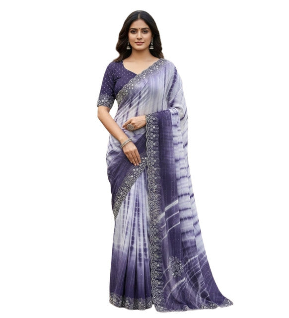 Women's Georgette Striped Saree With Unstitched Blouse 5.5Mtr (Purple)