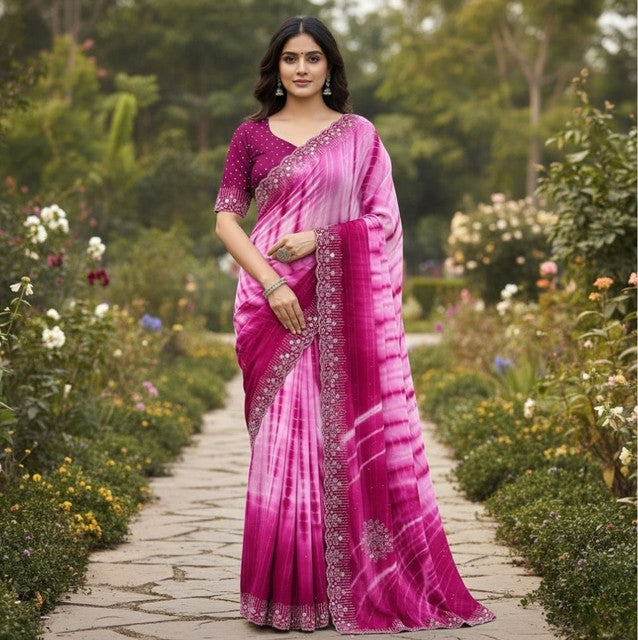 Women's Georgette Striped Saree With Unstitched Blouse 5.5Mtr (Pink)