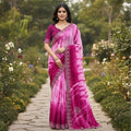 Women's Georgette Striped Saree With Unstitched Blouse 5.5Mtr (Pink)