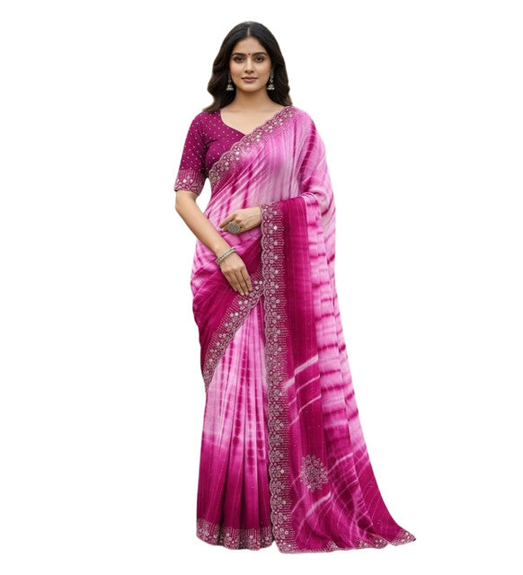 Women's Georgette Striped Saree With Unstitched Blouse 5.5Mtr (Pink)