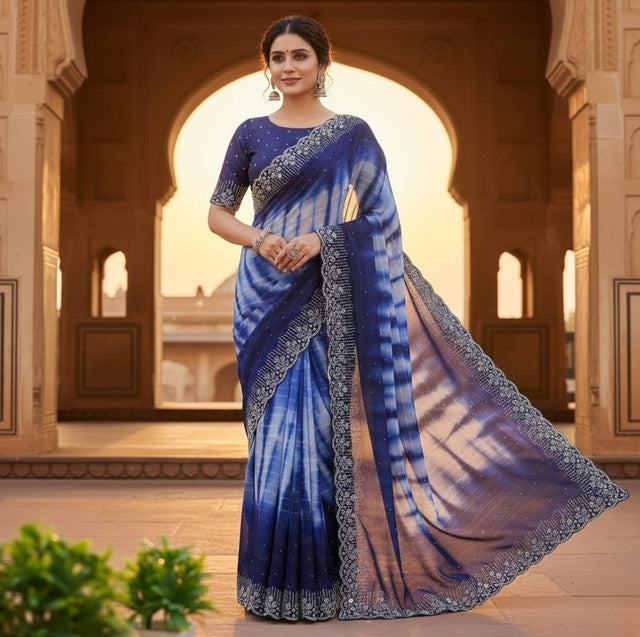 Women's Georgette Striped Saree With Unstitched Blouse 5.5Mtr (Navy Blue)