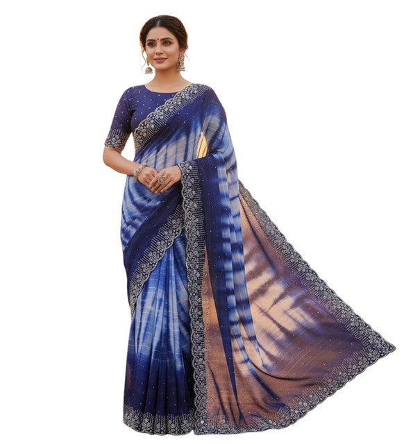 Women's Georgette Striped Saree With Unstitched Blouse 5.5Mtr (Navy Blue)