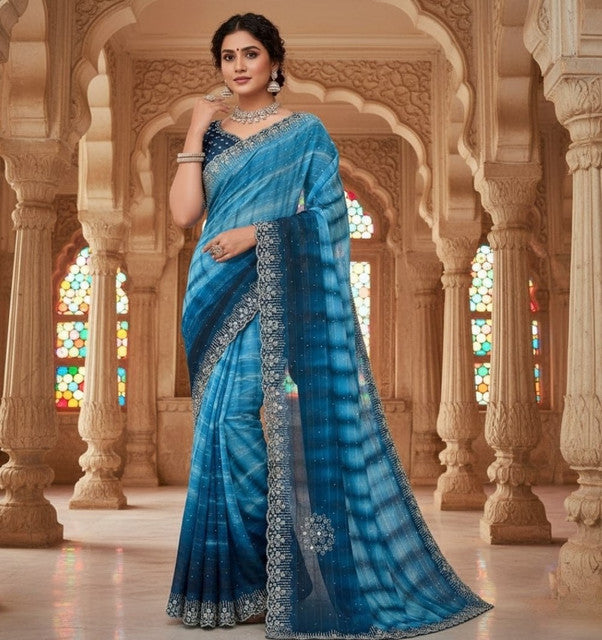 Women's Georgette Striped Saree With Unstitched Blouse 5.5Mtr (Blue)