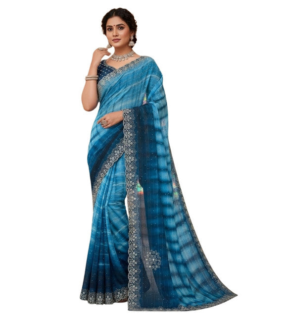 Women's Georgette Striped Saree With Unstitched Blouse 5.5Mtr (Blue)