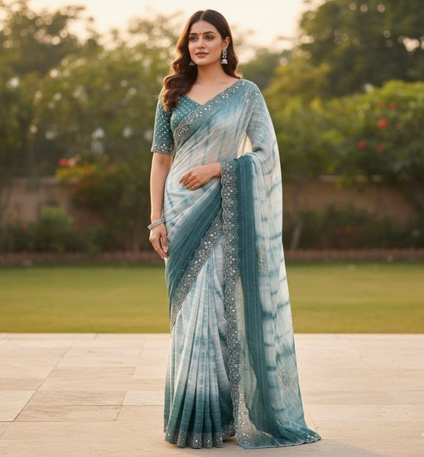 Women's Georgette Striped Saree With Unstitched Blouse 5.5Mtr (Ice blue)