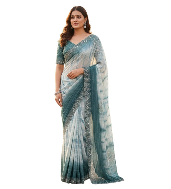 Women's Georgette Striped Saree With Unstitched Blouse 5.5Mtr (Ice blue)