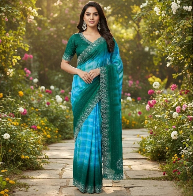 Women's Georgette Striped Saree With Unstitched Blouse 5.5Mtr (Turquoise)