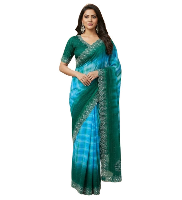 Women's Georgette Striped Saree With Unstitched Blouse 5.5Mtr (Turquoise)