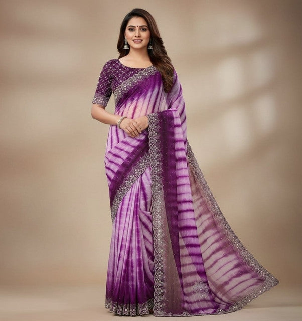 Women's Georgette Striped Saree With Unstitched Blouse 5.5Mtr (Wine)