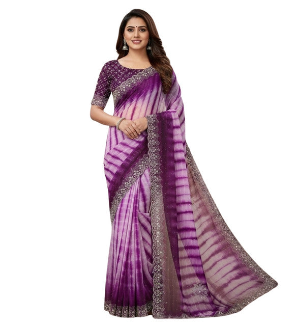 Women's Georgette Striped Saree With Unstitched Blouse 5.5Mtr (Wine)