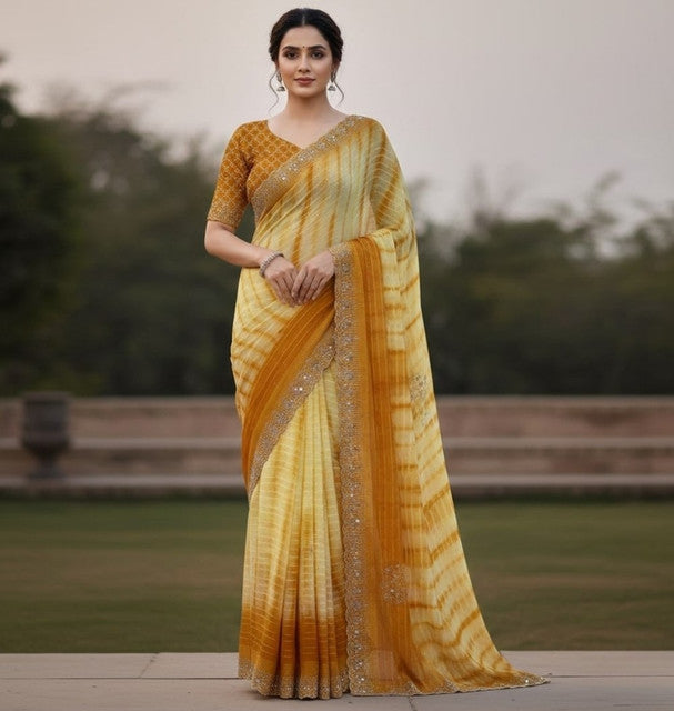Women's Georgette Striped Saree With Unstitched Blouse 5.5Mtr (Yellow)