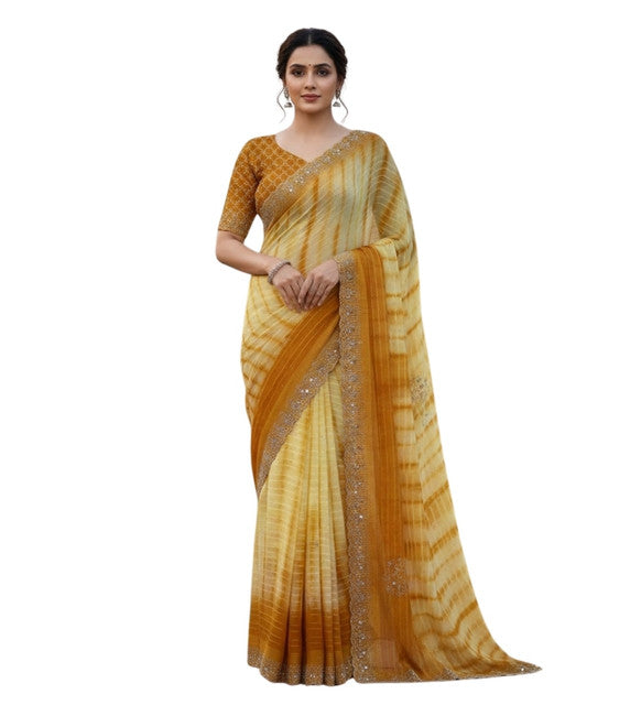 Women's Georgette Striped Saree With Unstitched Blouse 5.5Mtr (Yellow)
