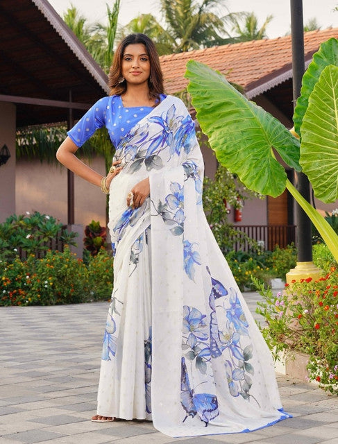 Women's Georgette Floral & Butterfly Printed Saree With Unstitched Blouse 5.5Mtr (Off White-Blue)