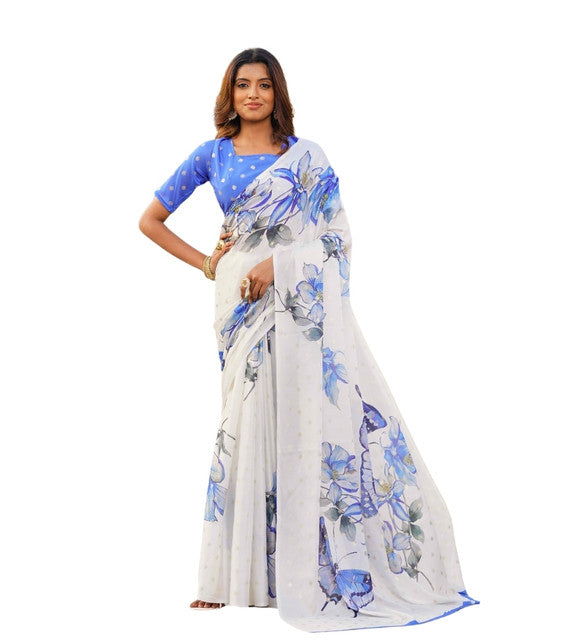 Women's Georgette Floral & Butterfly Printed Saree With Unstitched Blouse 5.5Mtr (Off White-Blue)