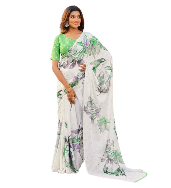 Women's Georgette Floral & Butterfly Printed Saree With Unstitched Blouse 5.5Mtr (Off White-Green)