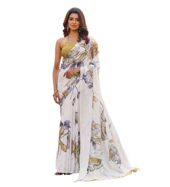 Women's Georgette Floral & Butterfly Printed Saree With Unstitched Blouse 5.5Mtr (Off White-Mustard)