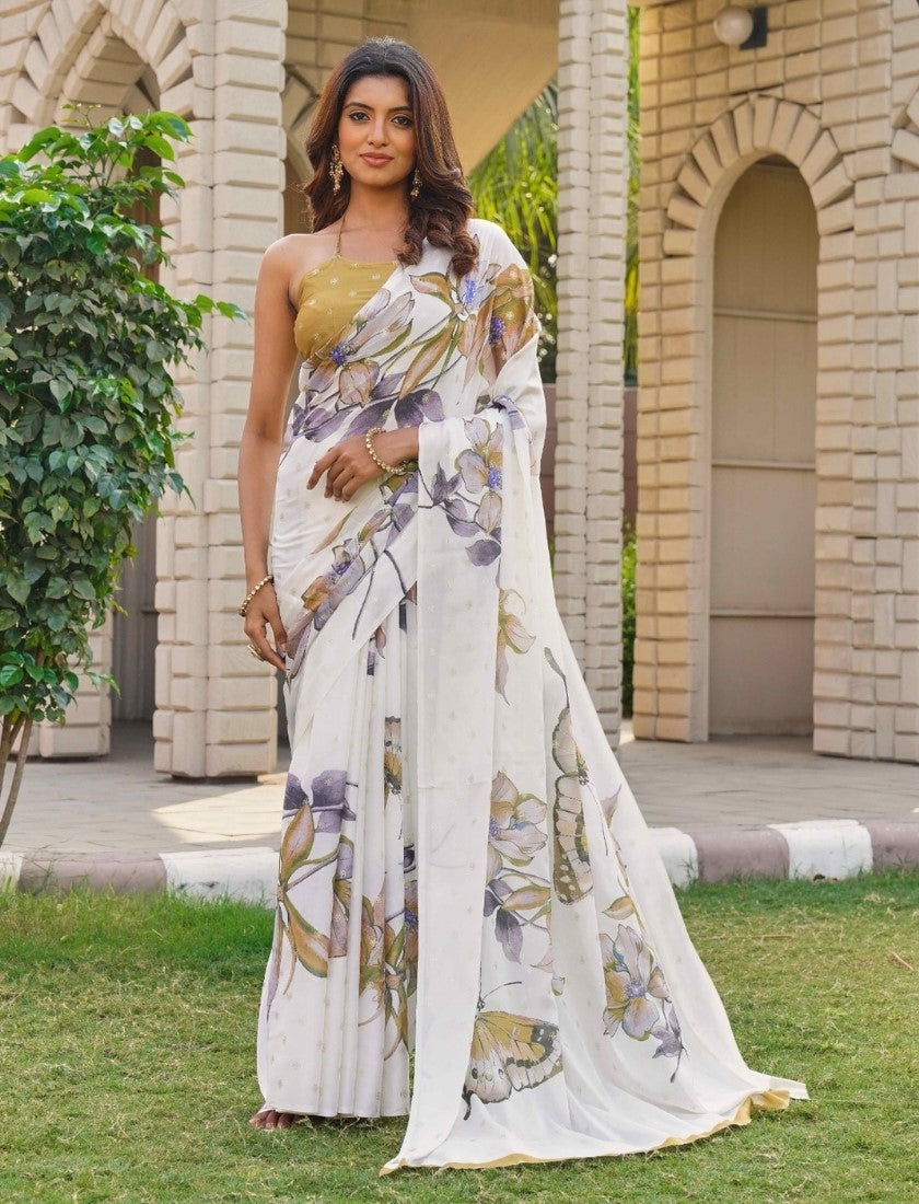 Women's Georgette Floral & Butterfly Printed Saree With Unstitched Blouse 5.5Mtr (Off White-Mustard)