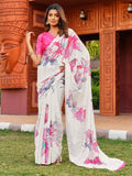 Women's Georgette Floral & Butterfly Printed Saree With Unstitched Blouse 5.5Mtr (Off White-Pink)