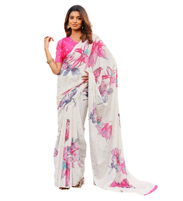 Women's Georgette Floral & Butterfly Printed Saree With Unstitched Blouse 5.5Mtr (Off White-Pink)