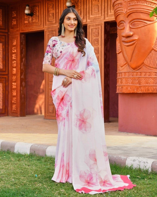 Women's Georgette Floral Printed Saree With Unstitched Blouse 5.5Mtr (Off White-Pink)