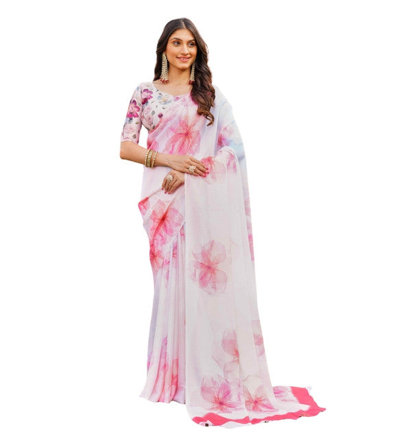 Women's Georgette Floral Printed Saree With Unstitched Blouse 5.5Mtr (Off White-Pink)