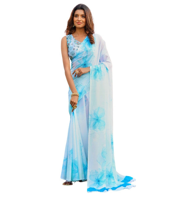 Women's Georgette Floral Printed Saree With Unstitched Blouse 5.5Mtr (Off White-Skyblue)