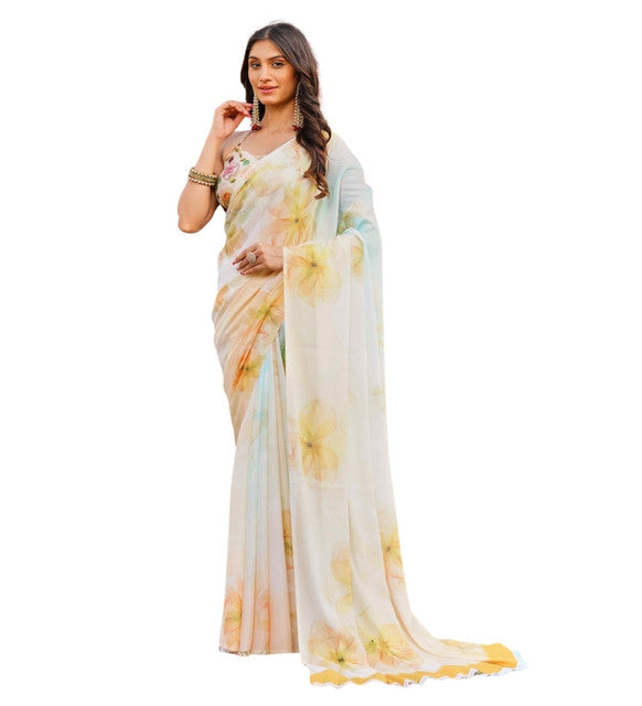 Women's Georgette Floral Printed Saree With Unstitched Blouse 5.5Mtr (Off White-Yellow)