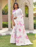 Women's Georgette Floral Printed Saree With Unstitched Blouse 5.5Mtr (White-Pink)