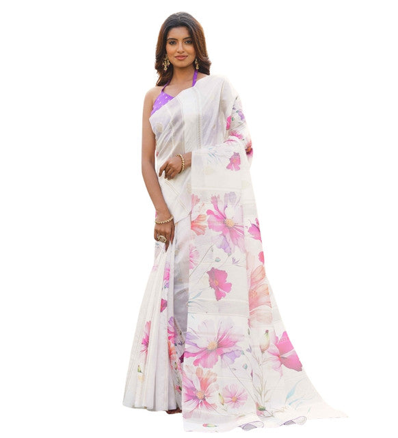 Women's Georgette Floral Printed Saree With Unstitched Blouse 5.5Mtr (White-Pink)