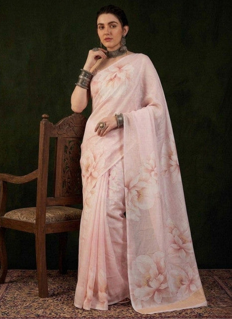 Women's Georgette Floral Printed Saree With Unstitched Blouse 5.5Mtr (Cream)