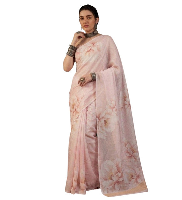 Women's Georgette Floral Printed Saree With Unstitched Blouse 5.5Mtr (Cream)